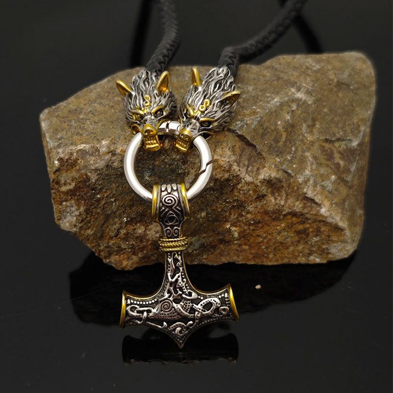 Nordic Viking Leather Necklace Crafted Hammer Celtic Wolf Head Necklace Men's Long Jewelry