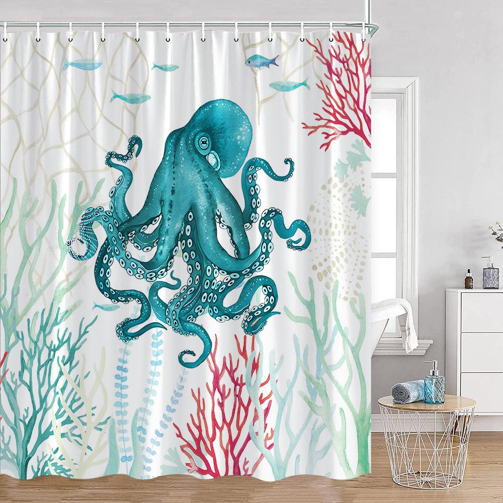 Octopus Shower Curtains Ocean Animals Funny Octupus Undersea World View Bathroom Curtain Nautical Bath Decorations with Hooks