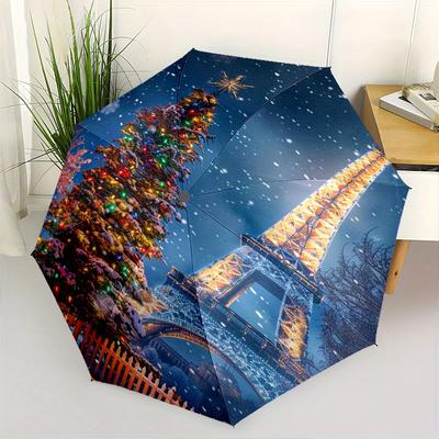 Christmas, Eiffel Tower Theme Automatic Open/Close Umbrella, Portable 3 Fold Compact Umbrella for Men & Women, Valentine's Day Mother's Day Gift