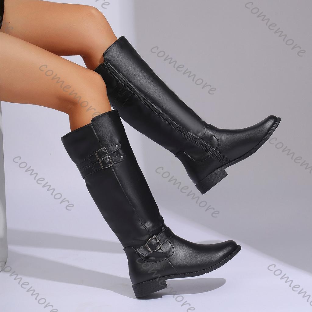 Comemore Women's High Boots Autumn New Black Belt Buckle Knight Boots for Woman Thick Heeled Knee High Bottes Femmes