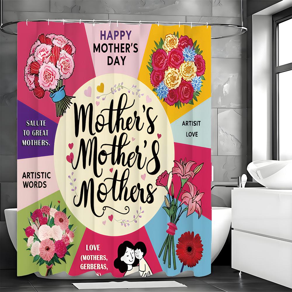 Mother's Day Floral Text Mother and Child Embrace Character Collage Shower Curtain, Bathroom Decorative Shower Curtain, Waterpro