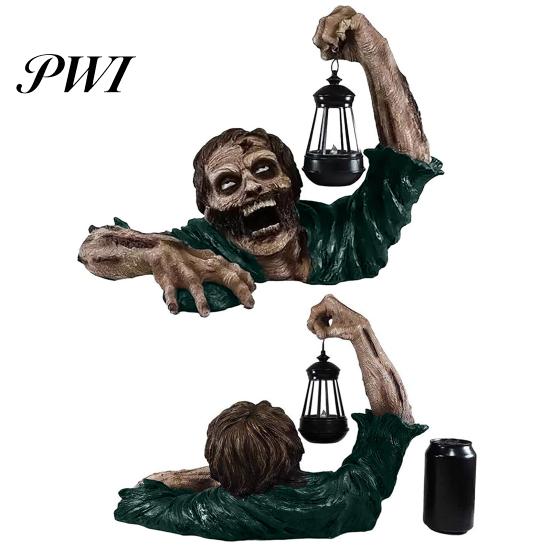 Halloween Zombie Lantern Ornament Spooky LED Light Resin Creepy Statue for Home Outdoor Garden Decoration Long-lasting