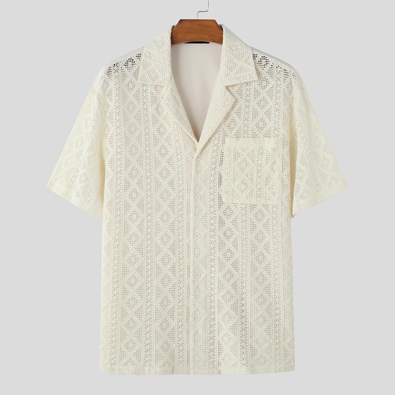 

INCERUN Summer Men Lapel Neck Short Sleeve Lace Crochet Back Patchwork Shirts M бежевый