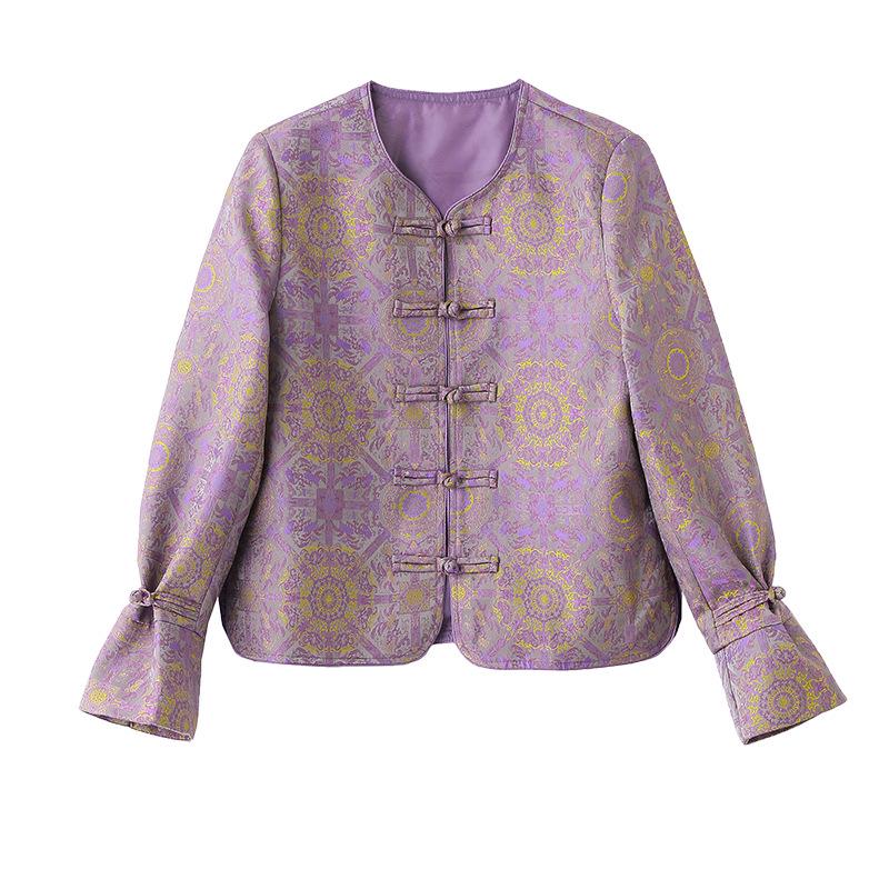 Frühling/Herbst 2025 Damen Lila Jacquard Jacke mit Rundhalsausschnitt und Froschknöpfen - Neuer Chinesischer Nationalstil (RS2803)