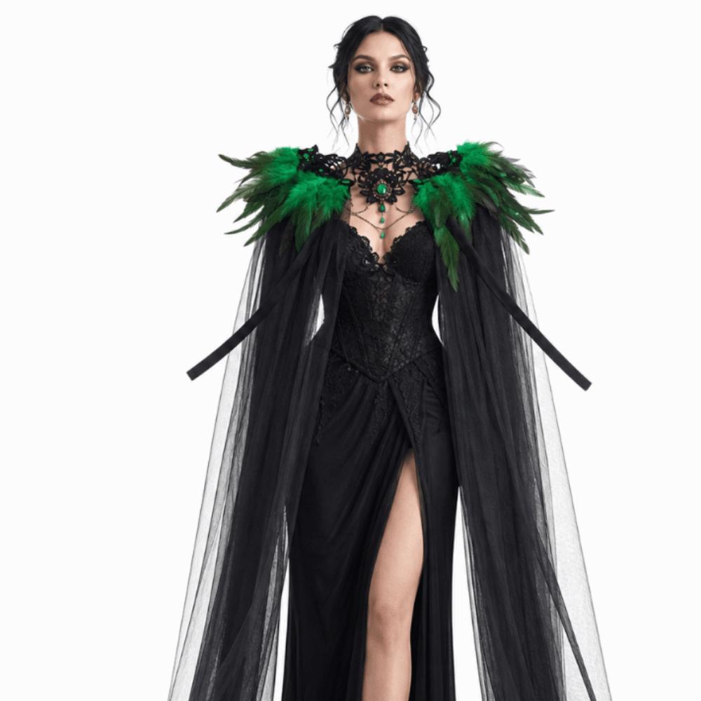 Black Halloween Feather Cloak Elegant Festival Costume Cape Hollow Lace Mesh Cape  Dance Cloaks