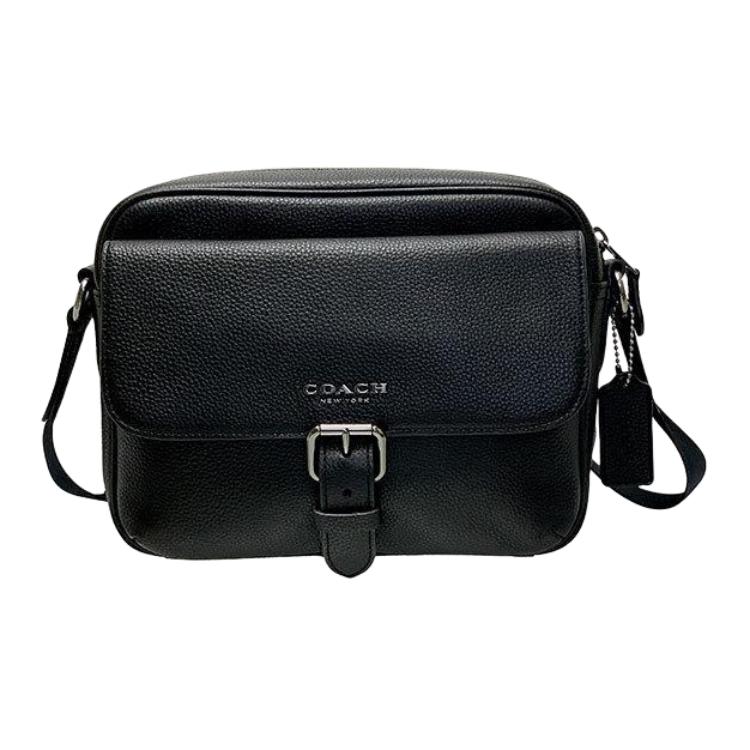 Coach Men's Black Hudson 23 Solid Color Flip Closure Pebble Leather Crossbody Bag Bags C5399-Qbbk