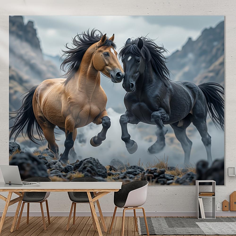 Realistic Two Horses Tapestry Wall Hanging, Black And Bay Stallions Running, Mountain Landscape Animal Wall Art For Living Room
