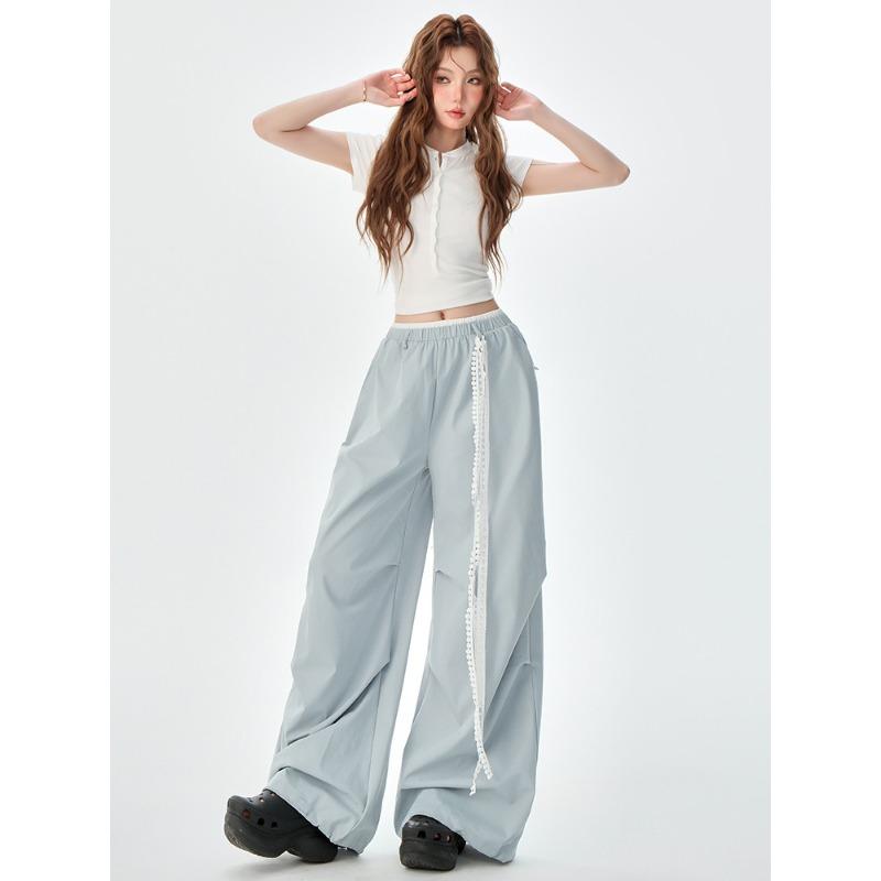 Light Blue Elastic Waist Lace Belt Overalls Women's Summer New Thin Paratrooper Quick-drying Casual Wide-leg Pants