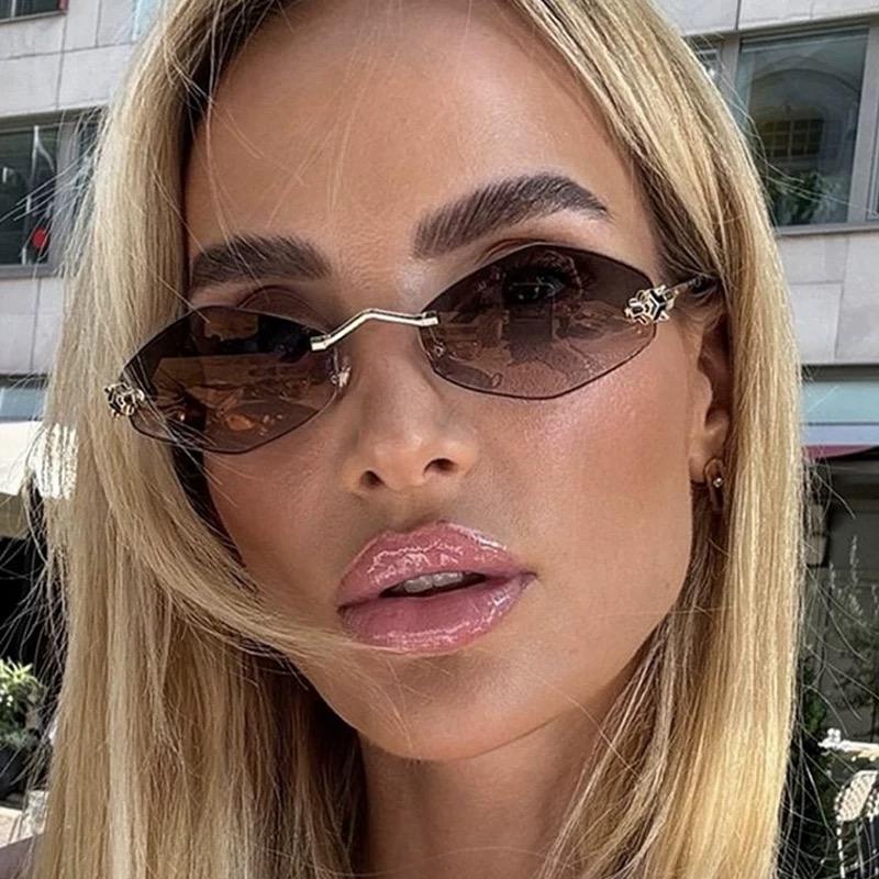 Vintage Rimless Rhombus Sunglasses Women For Men Luxury Brand Designer Popular Punk Hip Hop Metal Leopard Head Sun Glasses UV400