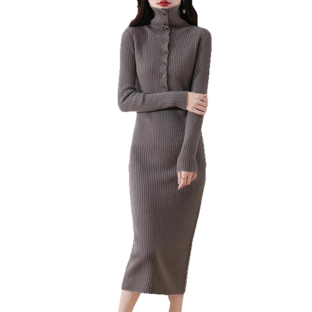 Elegant stacked collar knitted primer dress for women's autumn and winter new long over-the-knee sweater skirt for women