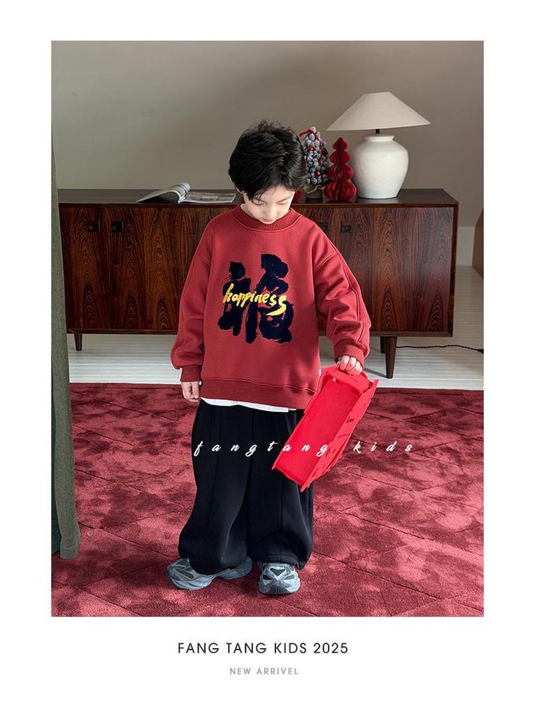 Felpa Rossa Foderata in Pile per Ragazzo, Stile 2025, Top Invernale per Bambini Taglia Media/Grande, Spessa, Calda e Festiva.