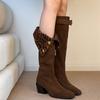 Retro Fold Two Wear Tall Pile Boots Belt Buckle Thick Heel Western Knight Boots Women's High Heel But Knee Boots