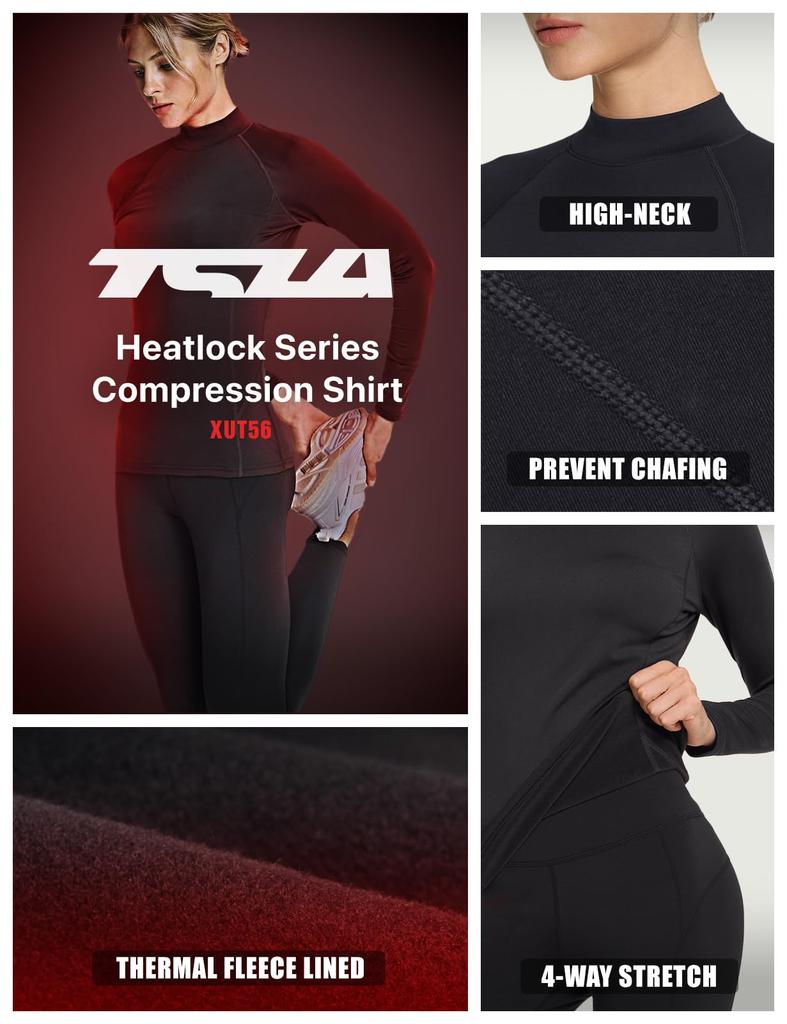 Tesla Sports Undershirt with Brushed Lining and Long Sleeve Compression Top for and Yoga Women's High-Neck [Moisture-Wicking, Quick-Drying,