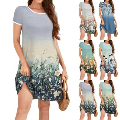 Women's Fashion Casual Floral Print Dress Round Neck Short Sleeves Miniskirt