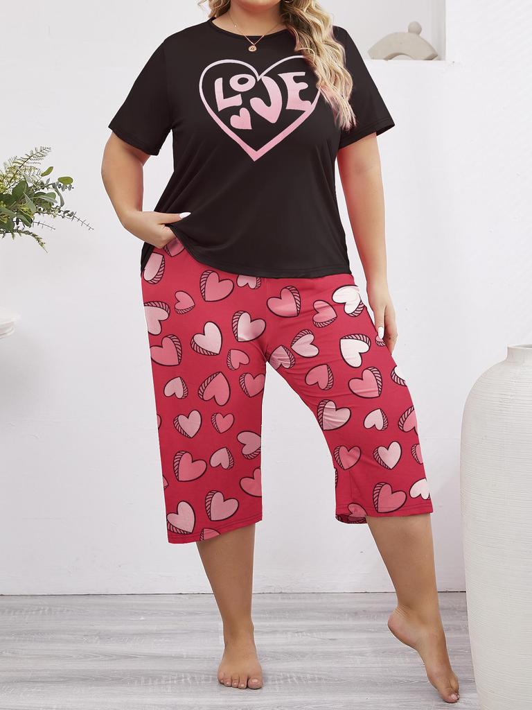 Summer Love Print Pajama Set: Short Sleeve Top & Seven-Point Pants, Plus Size