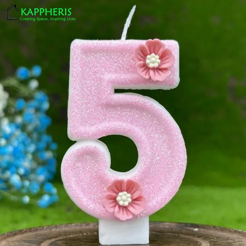 Purple Pink Barbei Birthday Beautiful Birthday Number Candles Sparkling for Cake Topper Decoration Flower Pure Bee Honey Candles