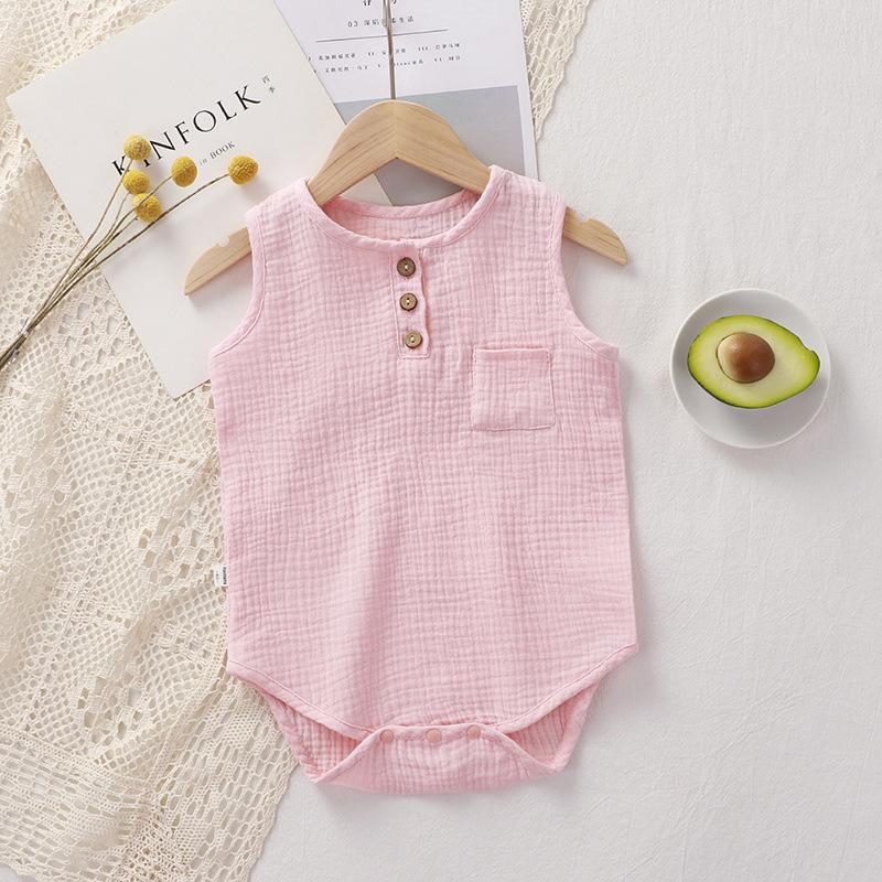 Summer Infant One-piece Clothes 0-3Y Newborn Cotton Gauze Bodysuit Baby Girl Boy Sleeveless Button Design Breathable Romper