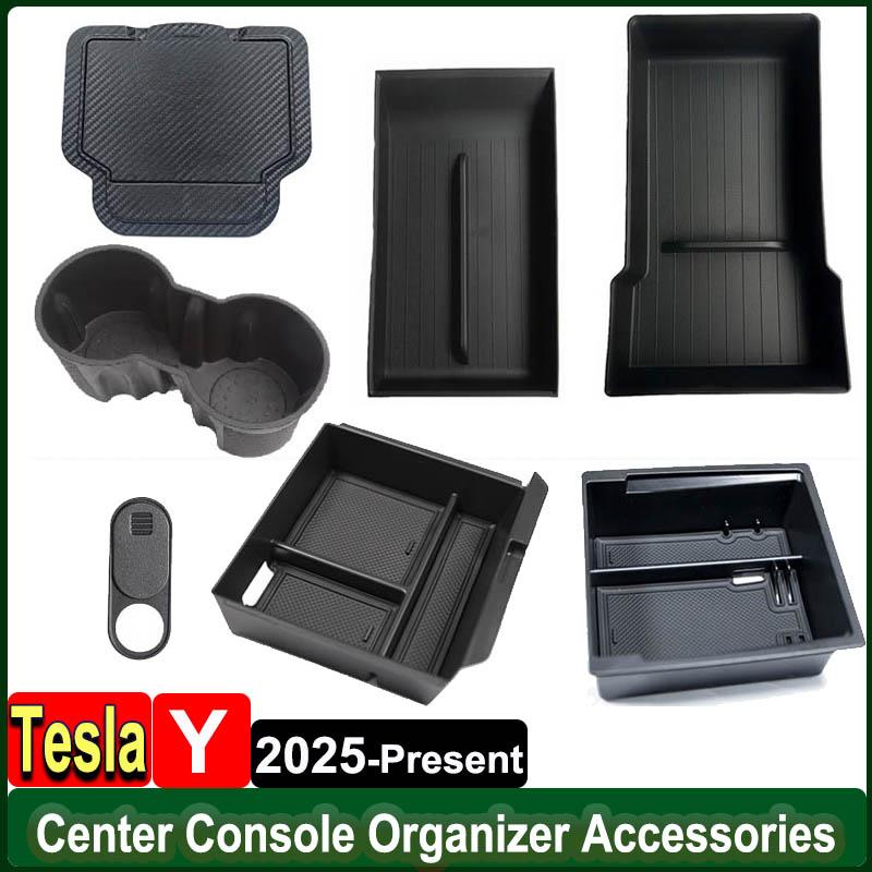 for Tesla Model Y Juniper 2025 Center Console Organizer Storage Box Anti-slip Cup Mat Armrest Box Hidden Storage Box Accessories