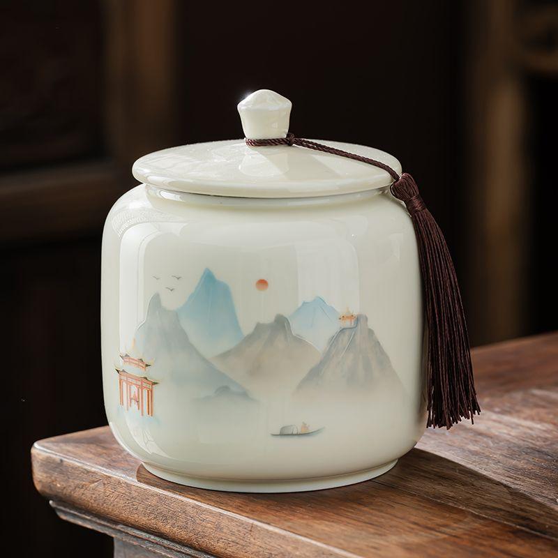 Shanshui Tea Caddy Ceramic Candy Jar Retro Household Large Nuts Coffee Beans Herb Storage Jar Kitchen Food Container Home Decor