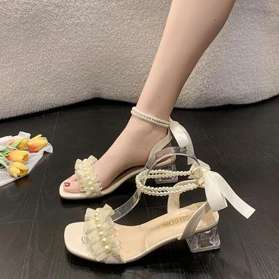 Niche Design Fairy Sandals with Skirt Summer New French Temperament Pearl Bow High Heels Women's