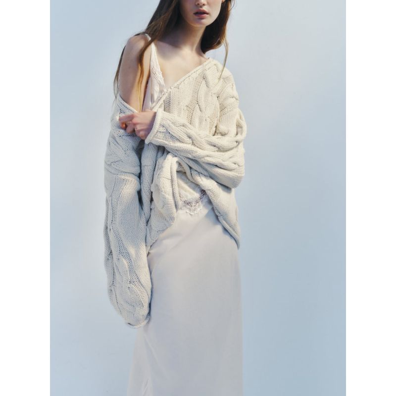 Za Autumn New Pullover Sweater Women's Loose and Lazy Style Curling V Neck Eight-Strand Woven Knitwear 4331123