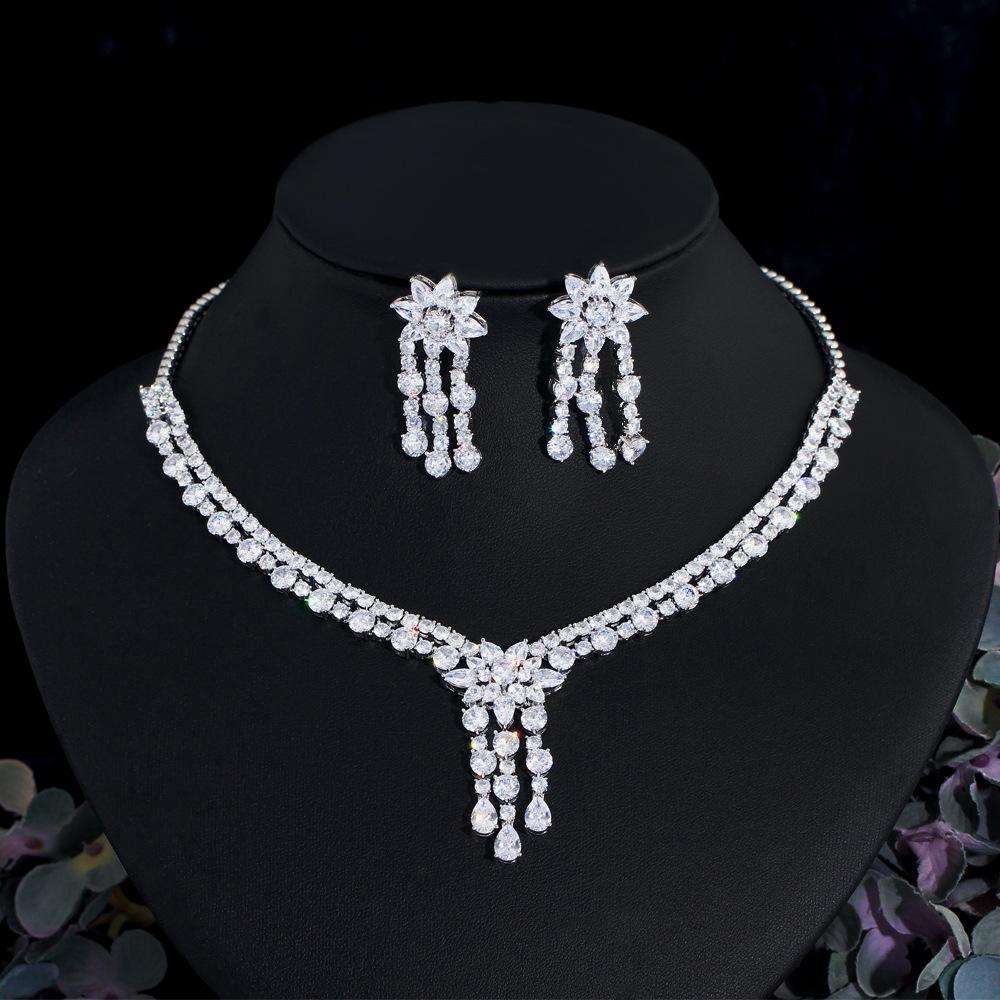 Dazzling European Tassel Evening Gown Choker Set with Bridal Zircon Necklace & Earrings