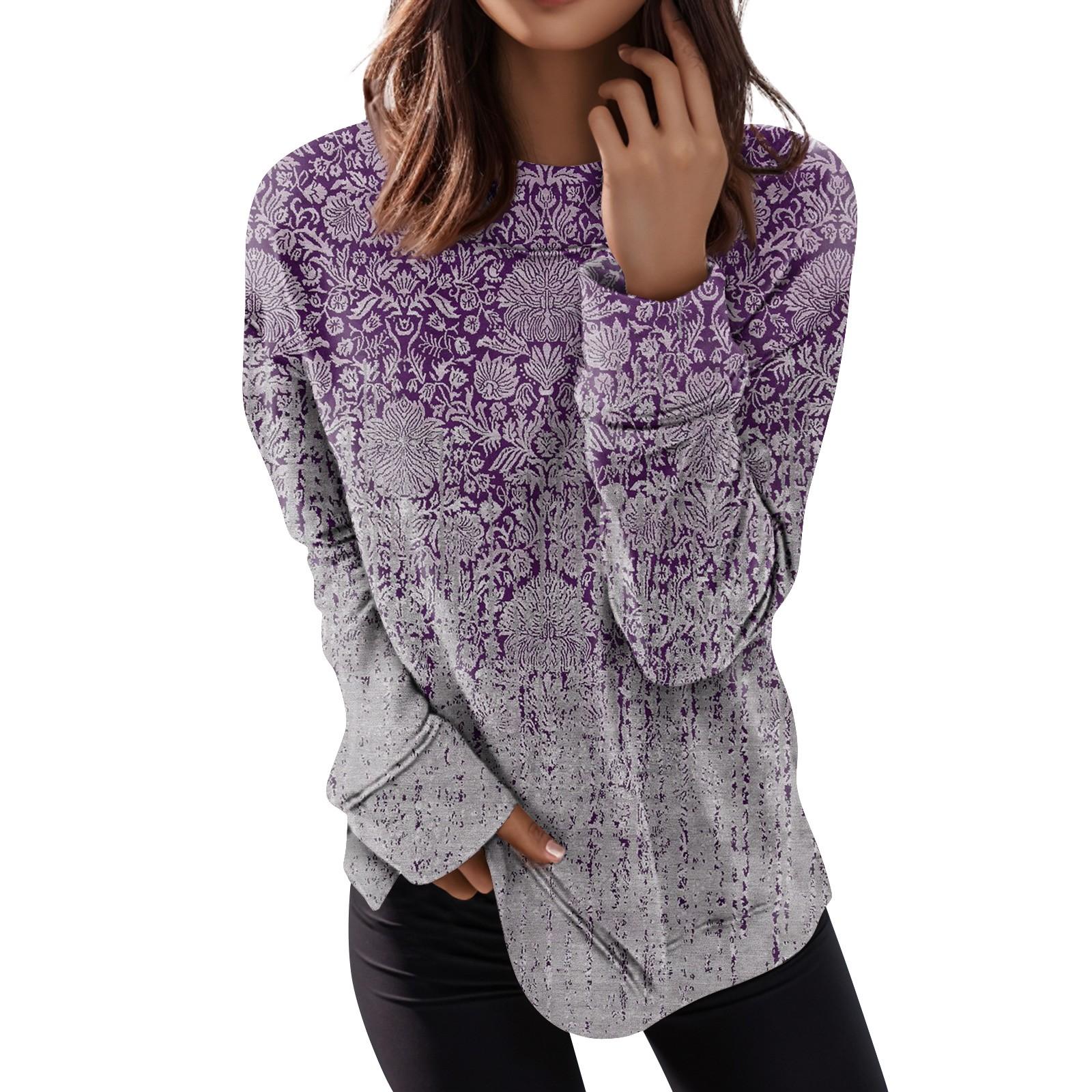 

Женские топы с круглым вырезом, хлопковая женская повседневная модная пуловер с длинным рукавом и круглым вырезом с принтом, блузка M фиолетовый