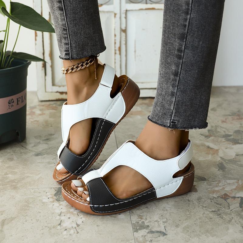 Thick-soled color matching sandals women's muffin bottom Velcro open-toed beach cool slippers wish