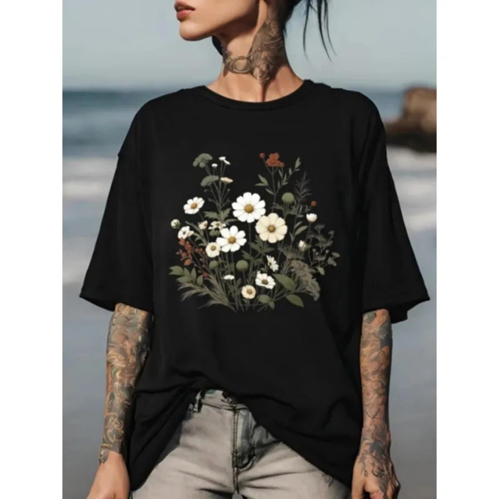 2024 Plus Size Women s Original Design Country Style Floral Pattern Printed Cotton Harajuku Casual Round Neck Short Sleeve s Top S
