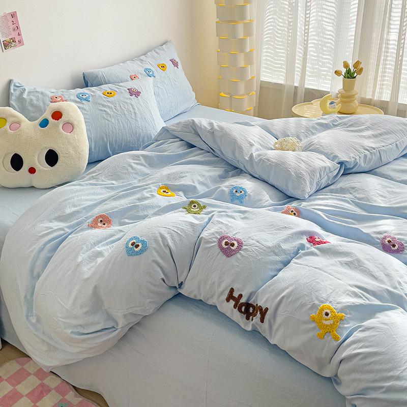 Ins wind bed four-piece spring small fresh quilt cover cartoon washed cotton bed sheet school dormitory bed three-piece set