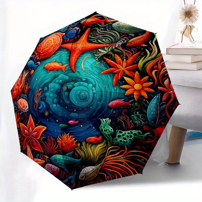 Underwater Paradise: Vibrant Sea Life Circular ArtworkUmbrella, Portable 3-Fold Compact Umbrella for Men & Women Gift