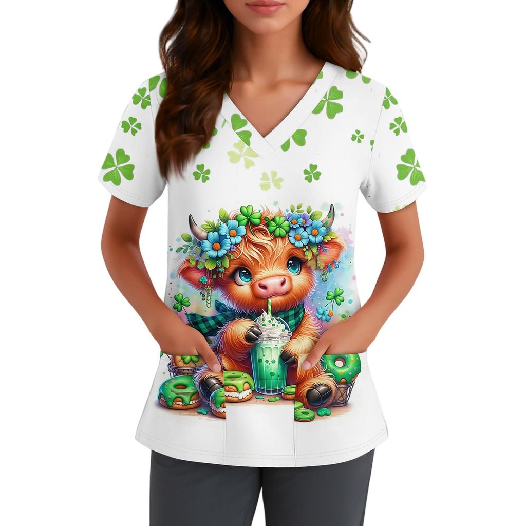 Women's Cute Bow Printed Work Clothes V-neck Double Layer Pockets Basic Short Sleeve Top Pullover