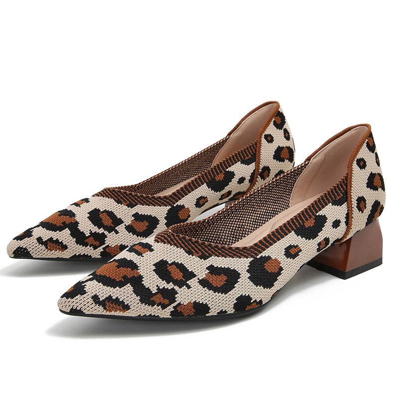 Flying Woven Single Shoes Temperament Fan Color Medium Heel Knitted Pointed Boat Shoes Single Thick Heel