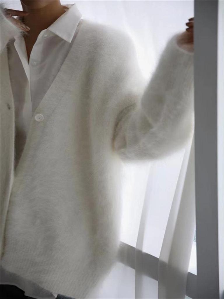 Plush Faux Mink V-Neck Knit Cardigan - Cozy Autumn/Winter Sweater Coat