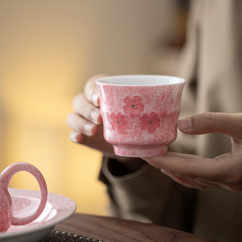 Pure hand-painted cherry blossom powder master cup high-end tea cup tea set exquisite girls tea cup high-end gift gift