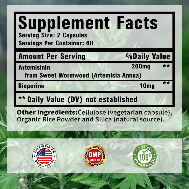 Bevat artemisinine-extract, 100 mg, versterkt het immuunsysteem, geschikt voor volwassenen, veganistisch.