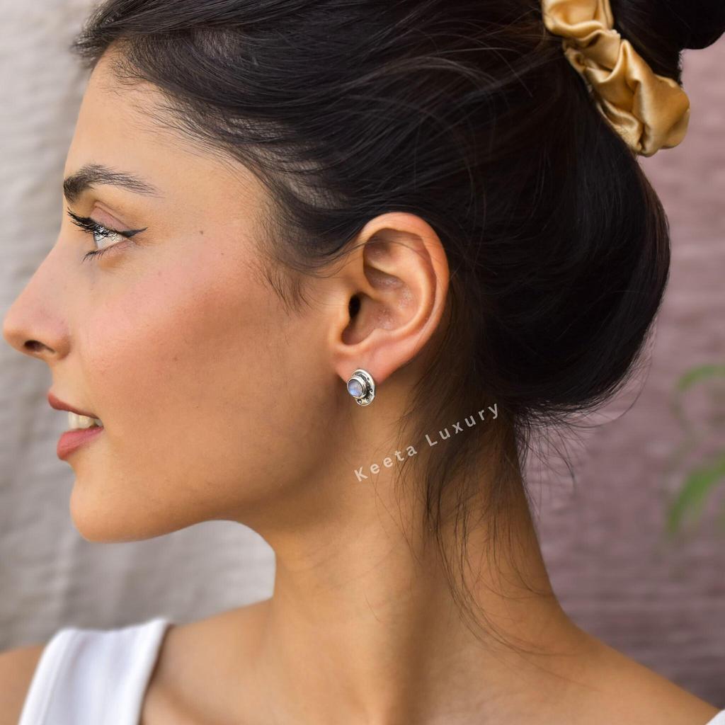 Genuine Moonstone Stud Earrings Rainbow Moonstone Jewelry For Women Silver Oxidized Bohemian Post Healing Crystal Stud Earrings Gifts