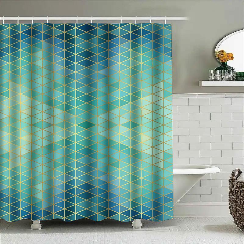 Modern Geometric Bathroom Shower Curtain Set For Home Decor Blue And Gold Colorful Pattern Waterproof Fabric (180X180Cm)