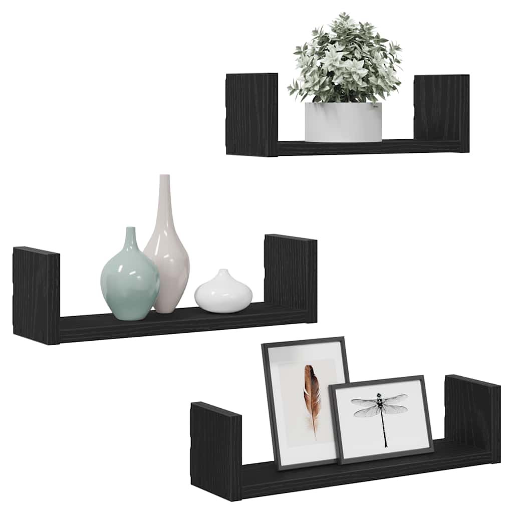 Wall Shelves Set of 3 Black Oak Effect Particleboard