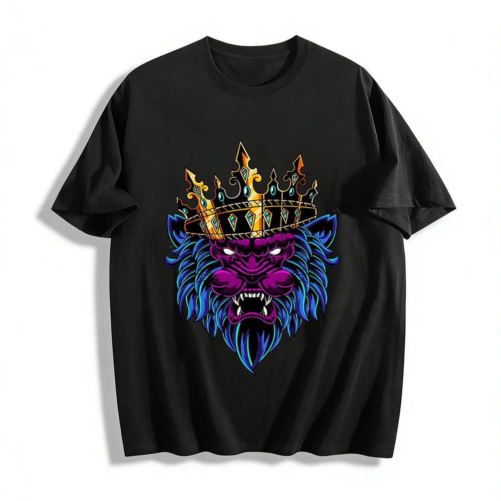Purple Lion King Crown Graphic Cool Casual Loose Crew Neck T-Shirt Pure cotton T-shirt XXS