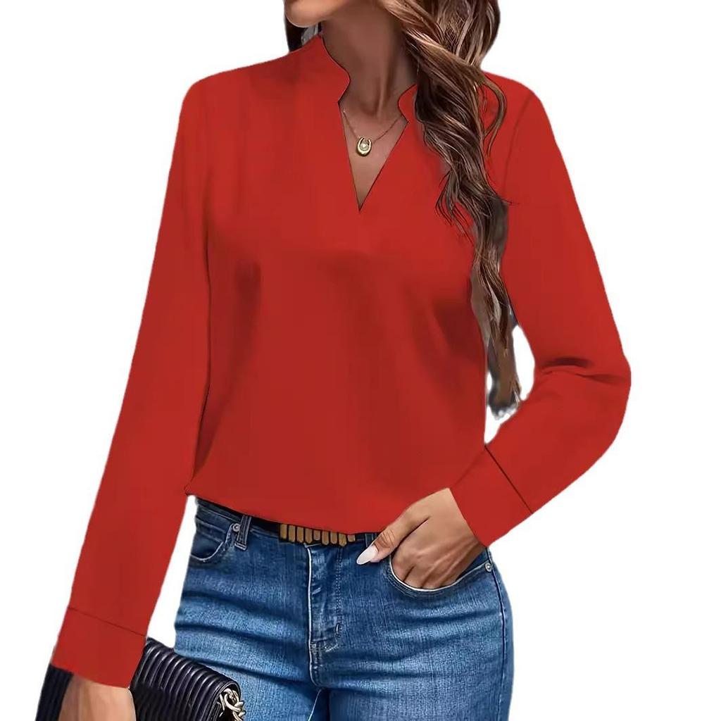 2024 Women's Autumn Casual Simple Solid V-Neck Loose Shirt Top