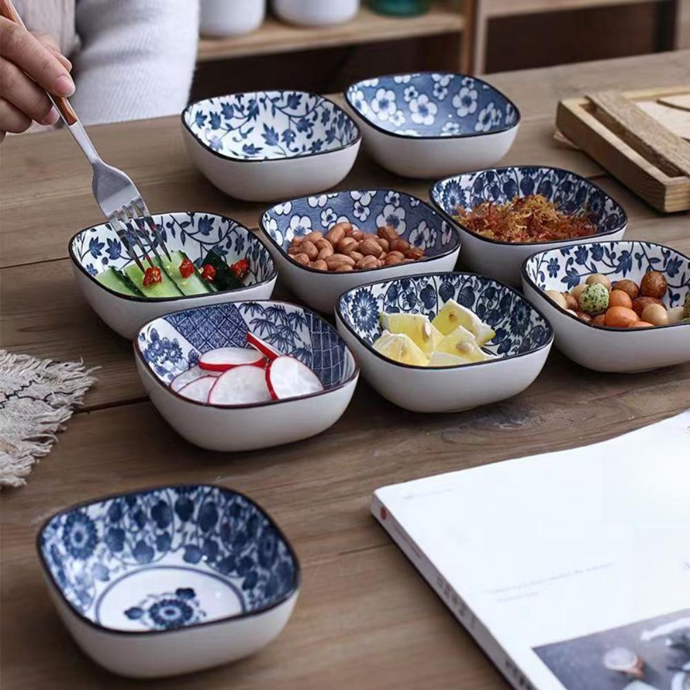 4/6pcs Ceramic Japanese Square Sauce Plates Blue and White Porcelain Sushi Platestomato Sauce and Mustard Container Bowls, Appet