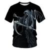 3D Grim Reaper Skull Print Short Sleeve T-shirt, Edgy Streetwear Style