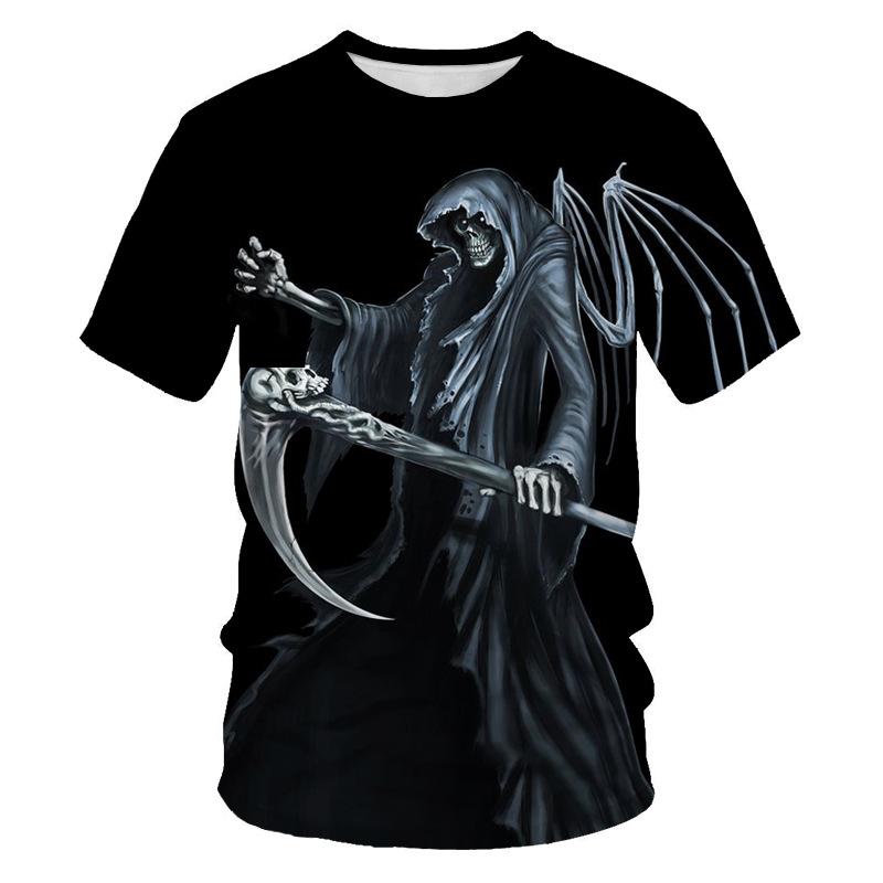 3D Grim Reaper Skull Print Short Sleeve T-shirt, Edgy Streetwear Style