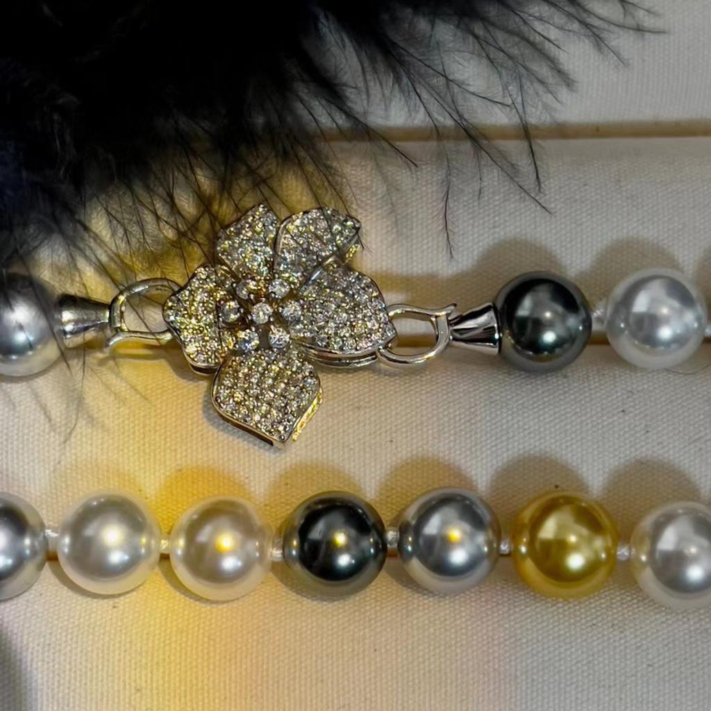 Light Luxury 925 Sterling Silver Full Diamond Flower Buckle Imported Craft Shijia Pearl Necklace Women'S Mixed Color Premium Clavicle Chain