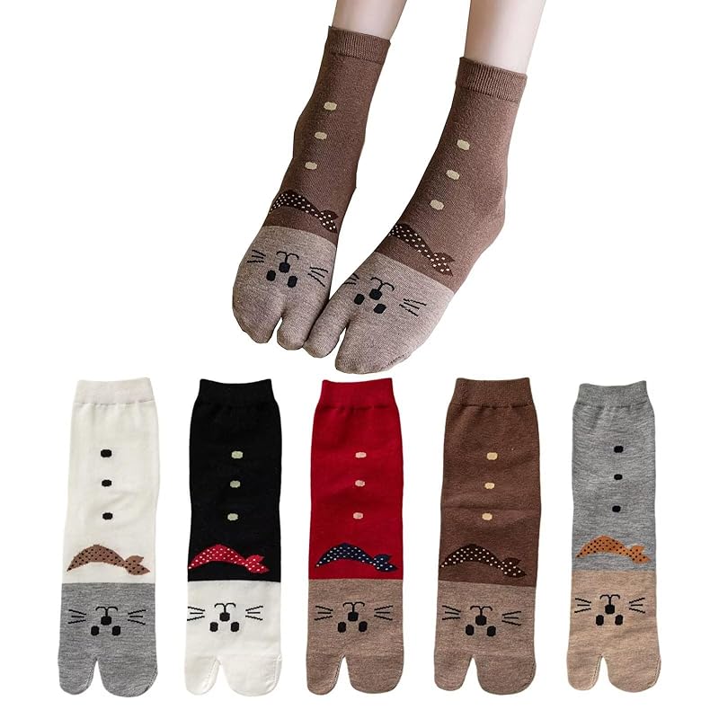 

[Lifemaster] two finger socks ladies socks cute cat 2 finger socks crew socks 5 pair set colorful socks Standard thickness Fashionable casual spring
