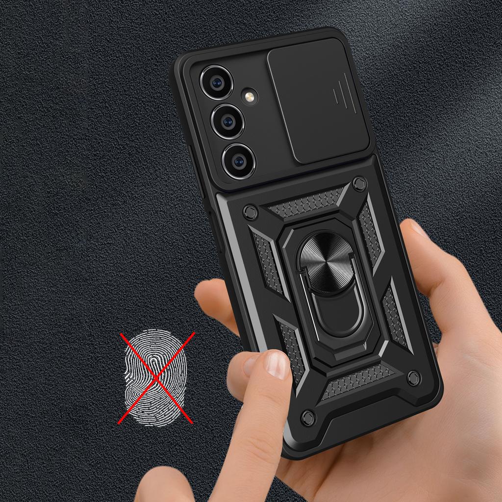 For Samsung Galaxy S23 FE Slide Lens Lid PC+TPU Phone Case Ring Kickstand Back Cover