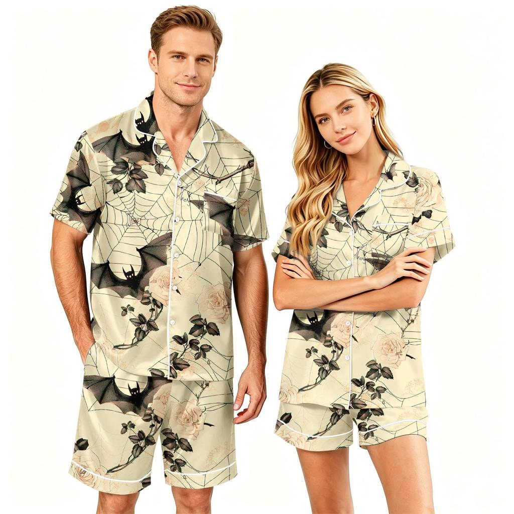 Couple Matching Halloween Pajama Set Short Sleeve Button Down Shirt with Hem Short Pants Soft Casual Loungewear S To XXXXL