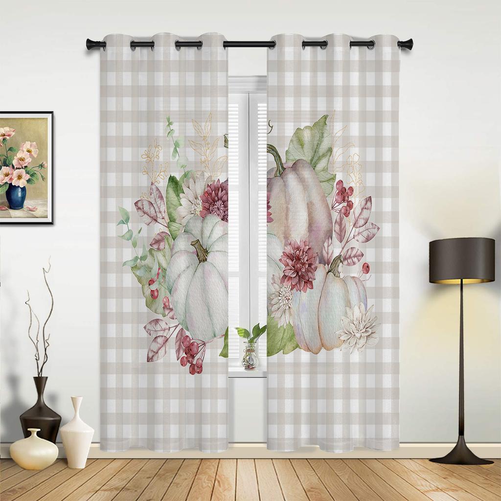 Herbst Kürbis Floral Plaid Vorhänge für Schlafzimmer Wohnzimmer Fenster Vorhang Behandlungen Jalousien Küche Home Decor Vorhänge