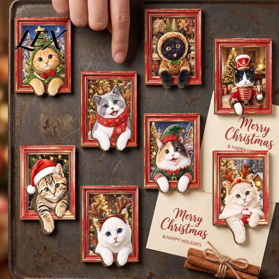 Christmas Kitchen Accessories Cute Cat Refrigerator Magnets, Kitty Magnetic Photo Frame, Decorative Metal Surface Stickers Retro Office Filing Cabinet